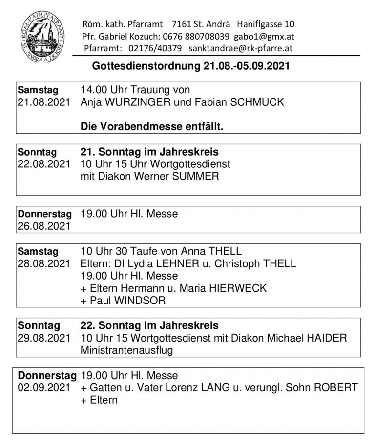Gottesdienstordnung Röm.kath. Pfarre St. Andrä am Zicksee