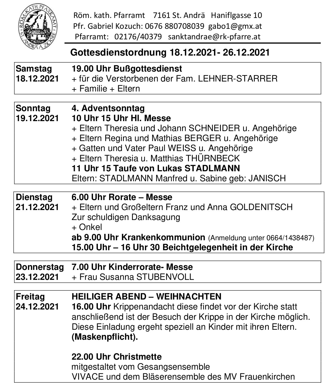 Gottesdienstordnung 18.12.2021 – 26.12.2021 – Röm.-kath. Pfarre St ...